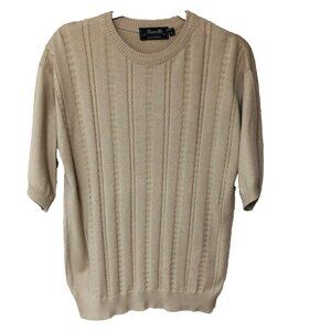 Marcello Cable Knit Sweater Mens L Tan Short Sleeves Cotton‎ Blend Italy Preppy
